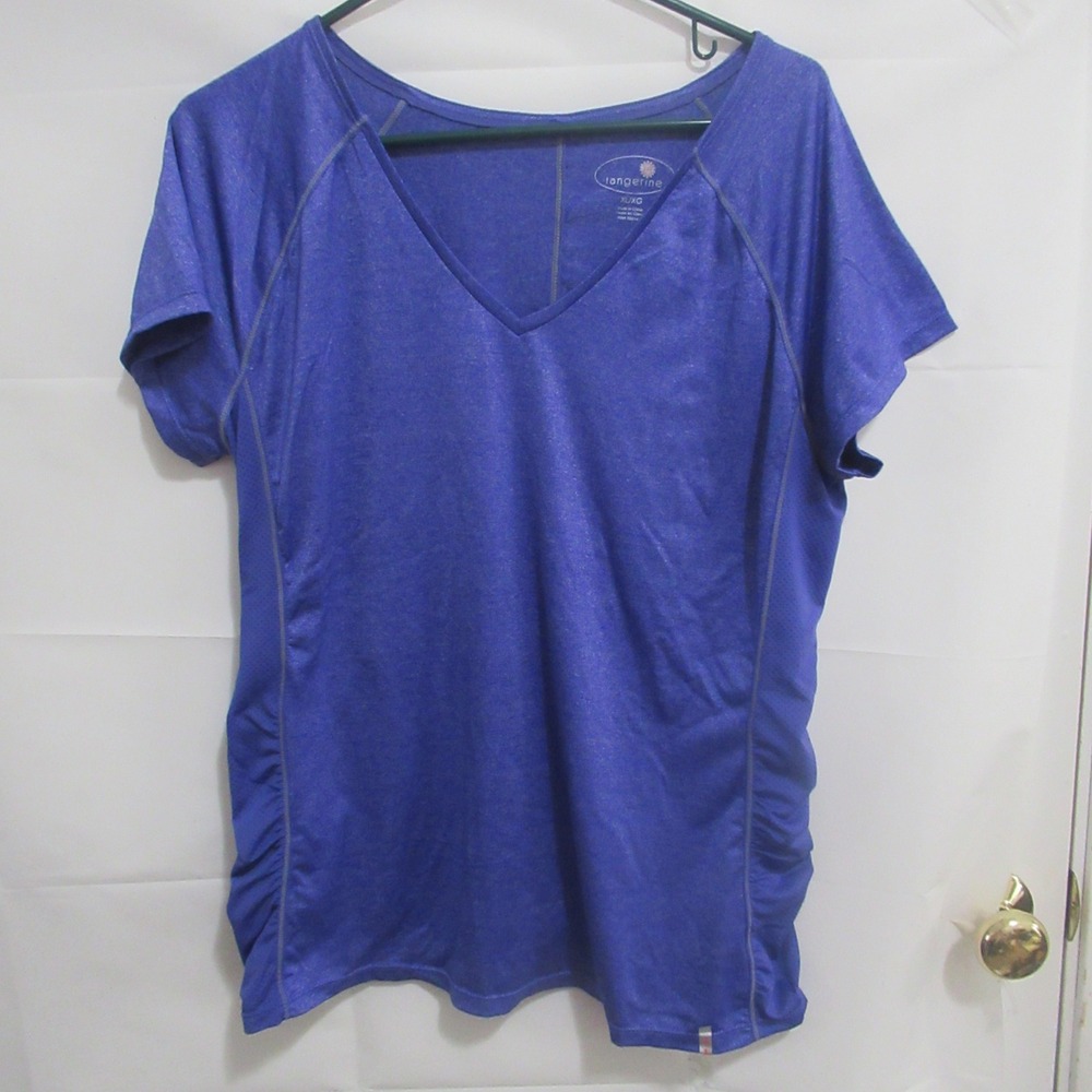 Tangerine Activewear Top Womens XL Blue purple Side Ruched V-Neck Tee